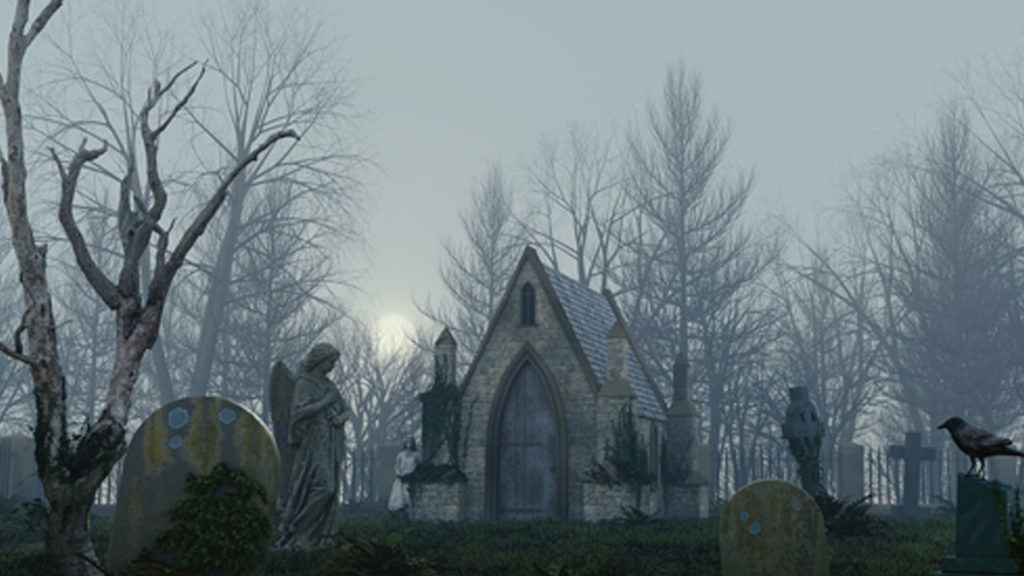 A foggy cemetery