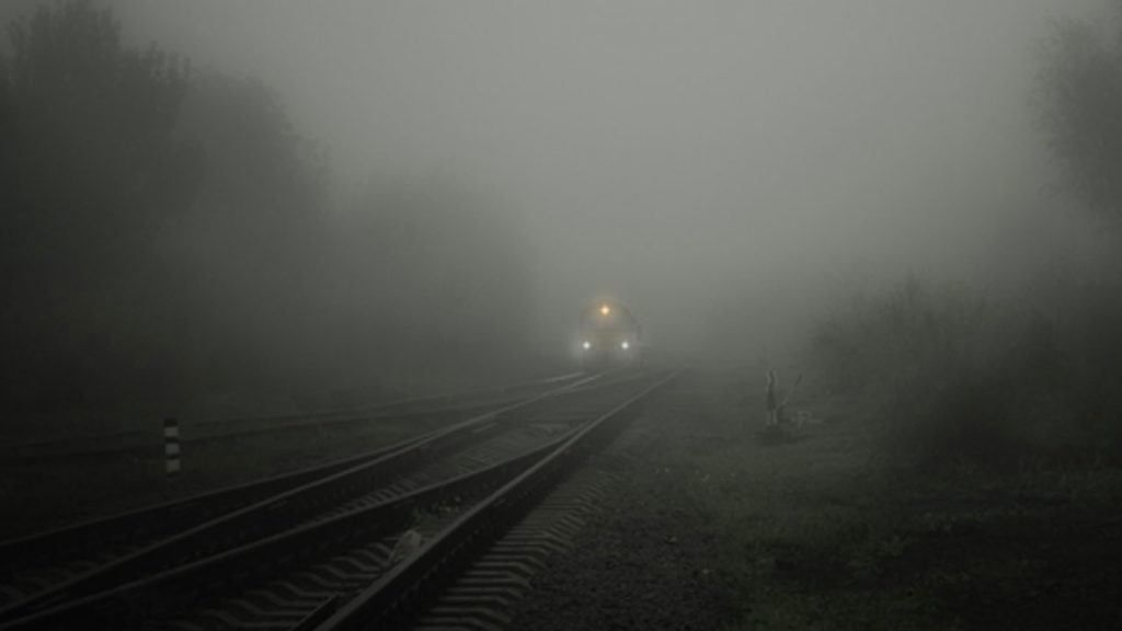 A train coming through the fog.